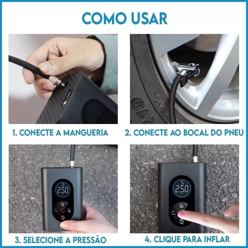 Compressor de Ar Portátil Digital para Carro, Moto, Bicicleta e Bolas