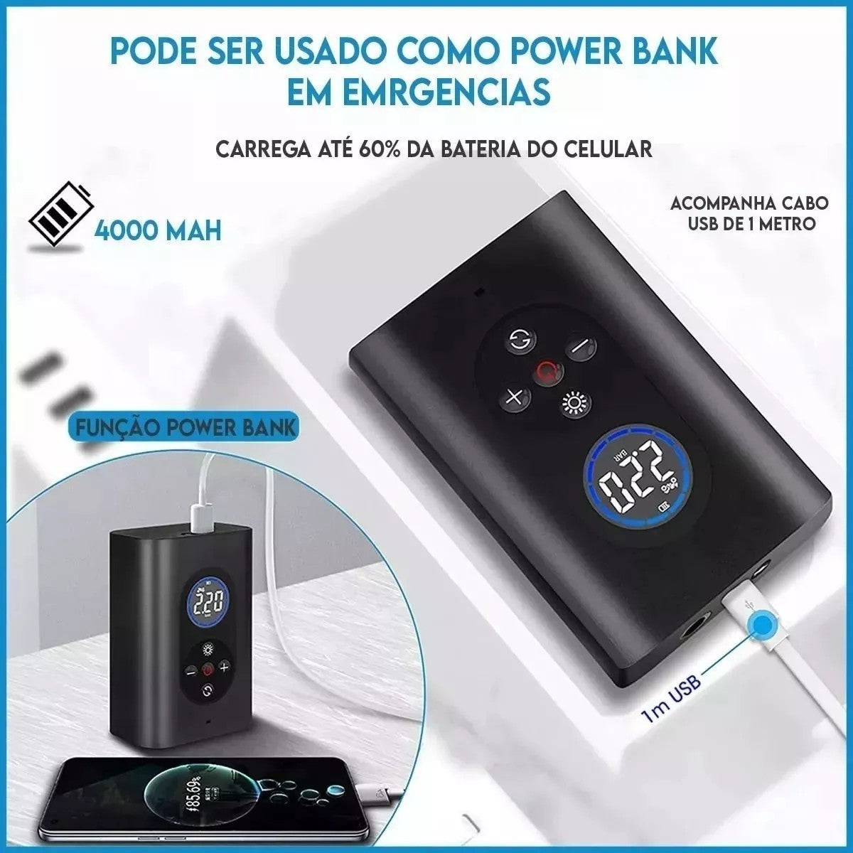 Compressor de Ar Portátil Digital para Carro, Moto, Bicicleta e Bolas